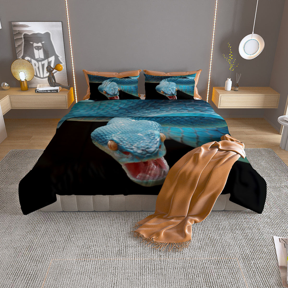 Blue Scary Viper Snake Print Duvet Cover Bedding Set