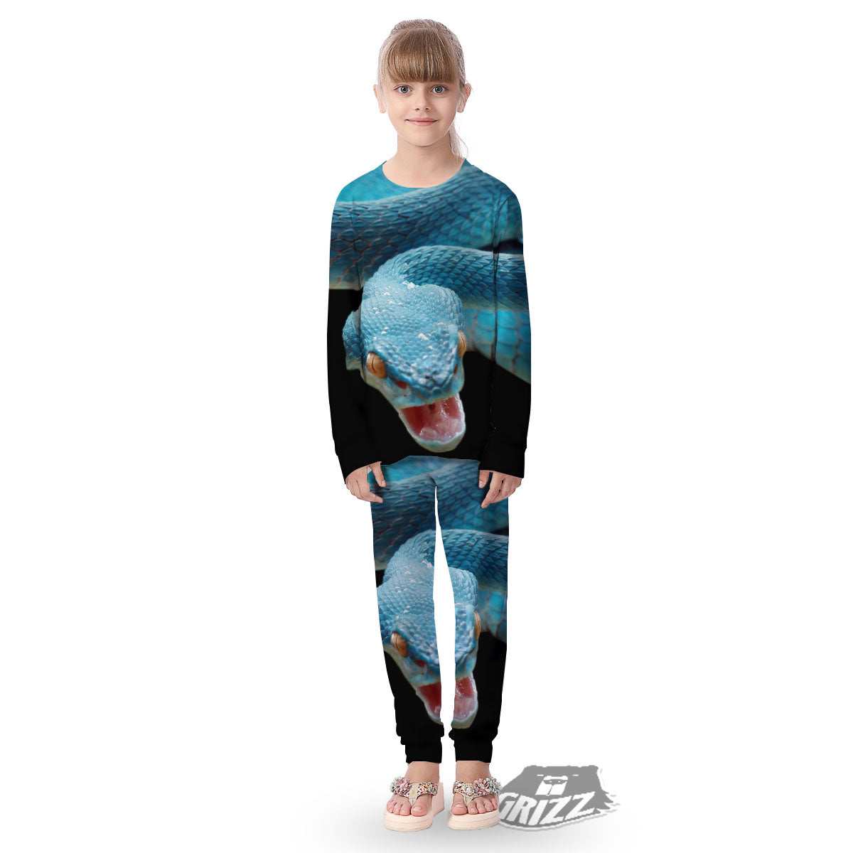 Blue Scary Viper Snake Print Kid's Pajamas-grizzshop