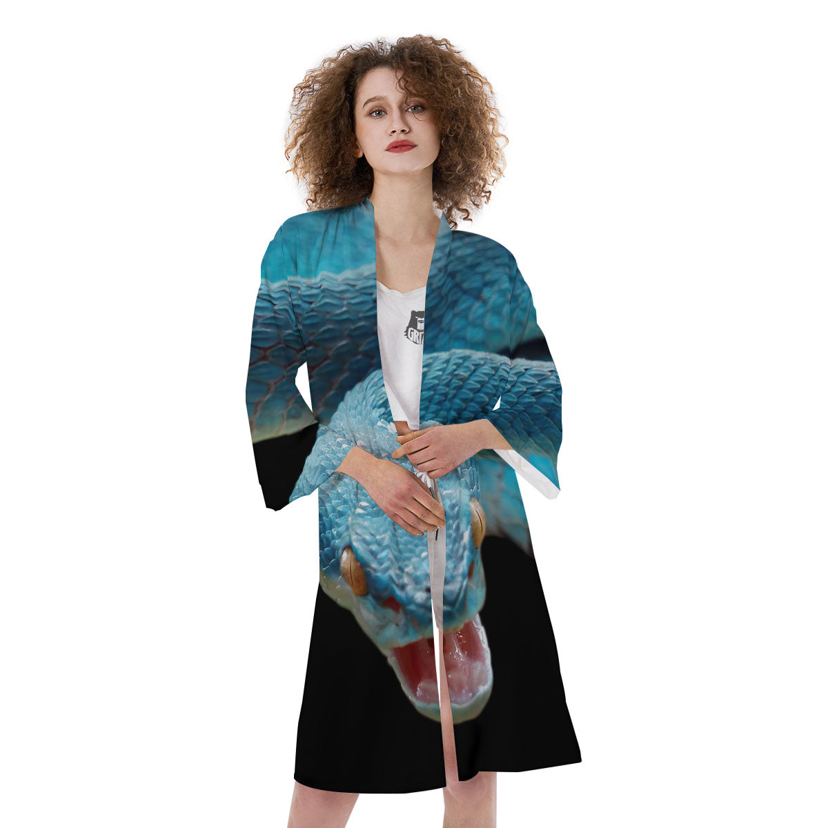 Blue Scary Viper Snake Print Kimono-grizzshop