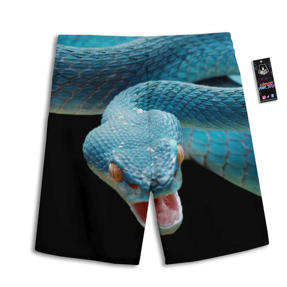 Blue Scary Viper Snake Print Men's Athletic Shorts