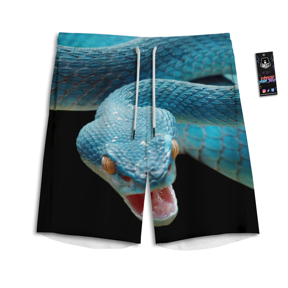 Blue Scary Viper Snake Print Men's Athletic Shorts