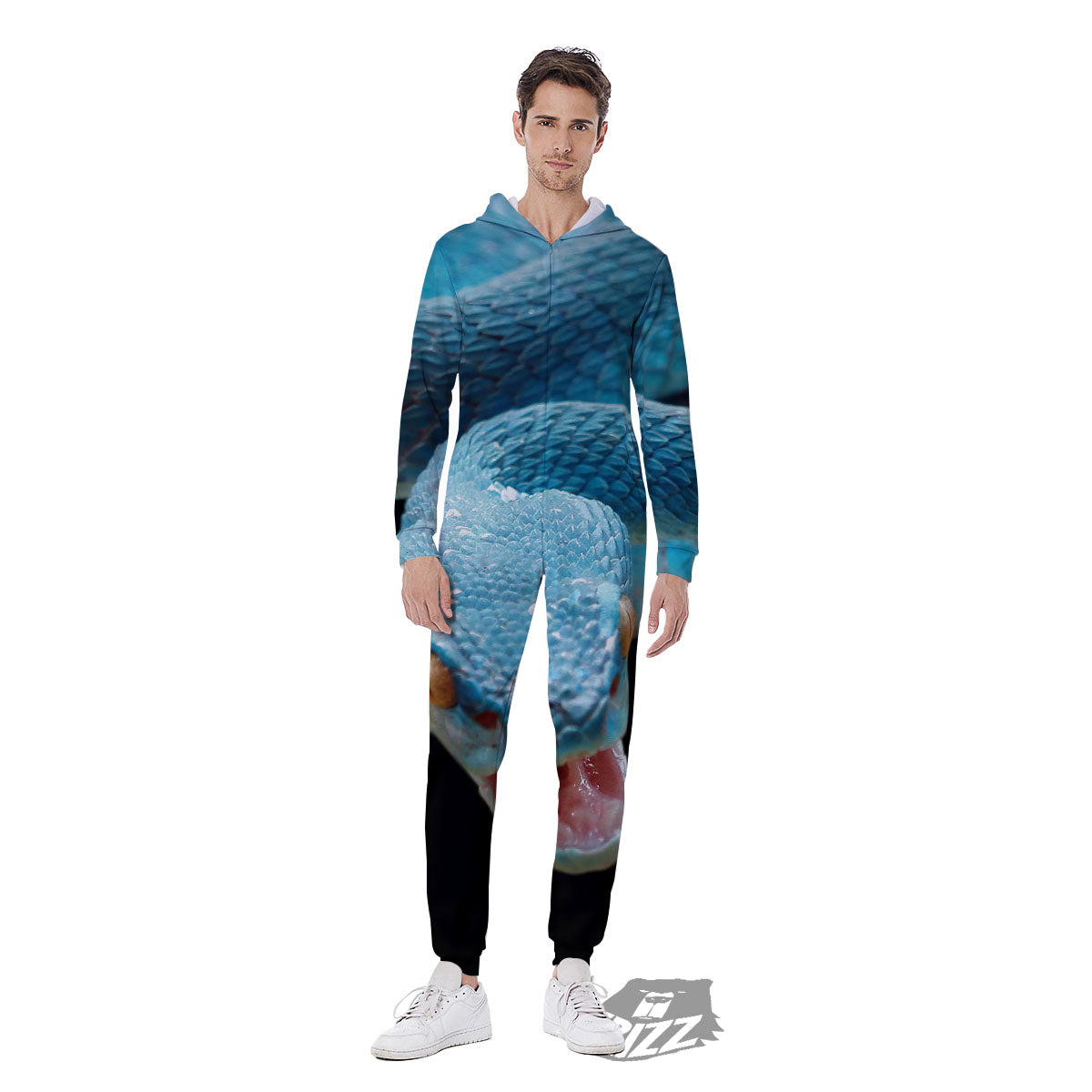 Blue Scary Viper Snake Print Men's Jumpsuit-grizzshop