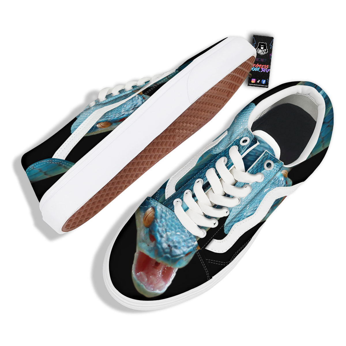 Blue Scary Viper Snake Print Skate Shoes-grizzshop