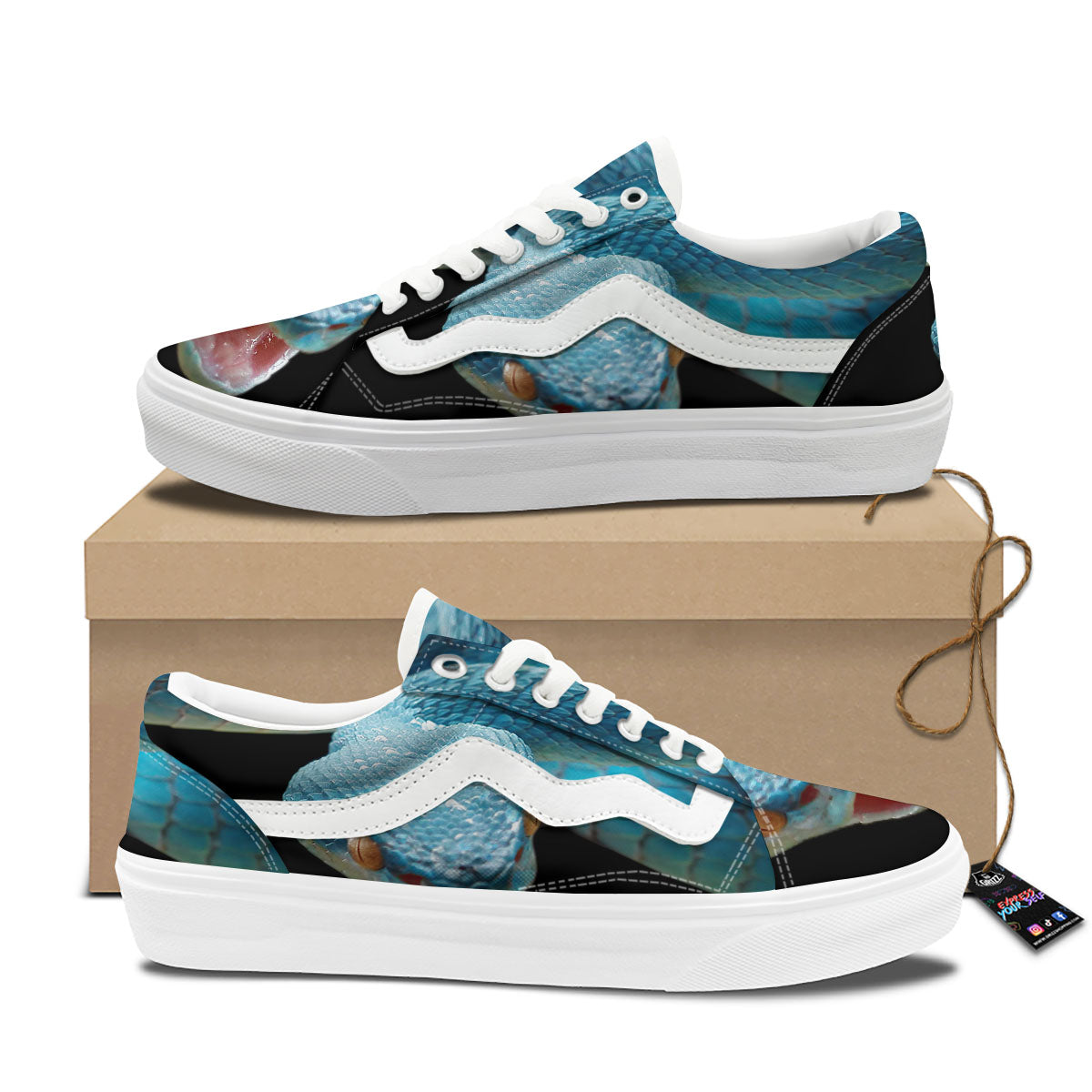 Blue Scary Viper Snake Print Skate Shoes-grizzshop
