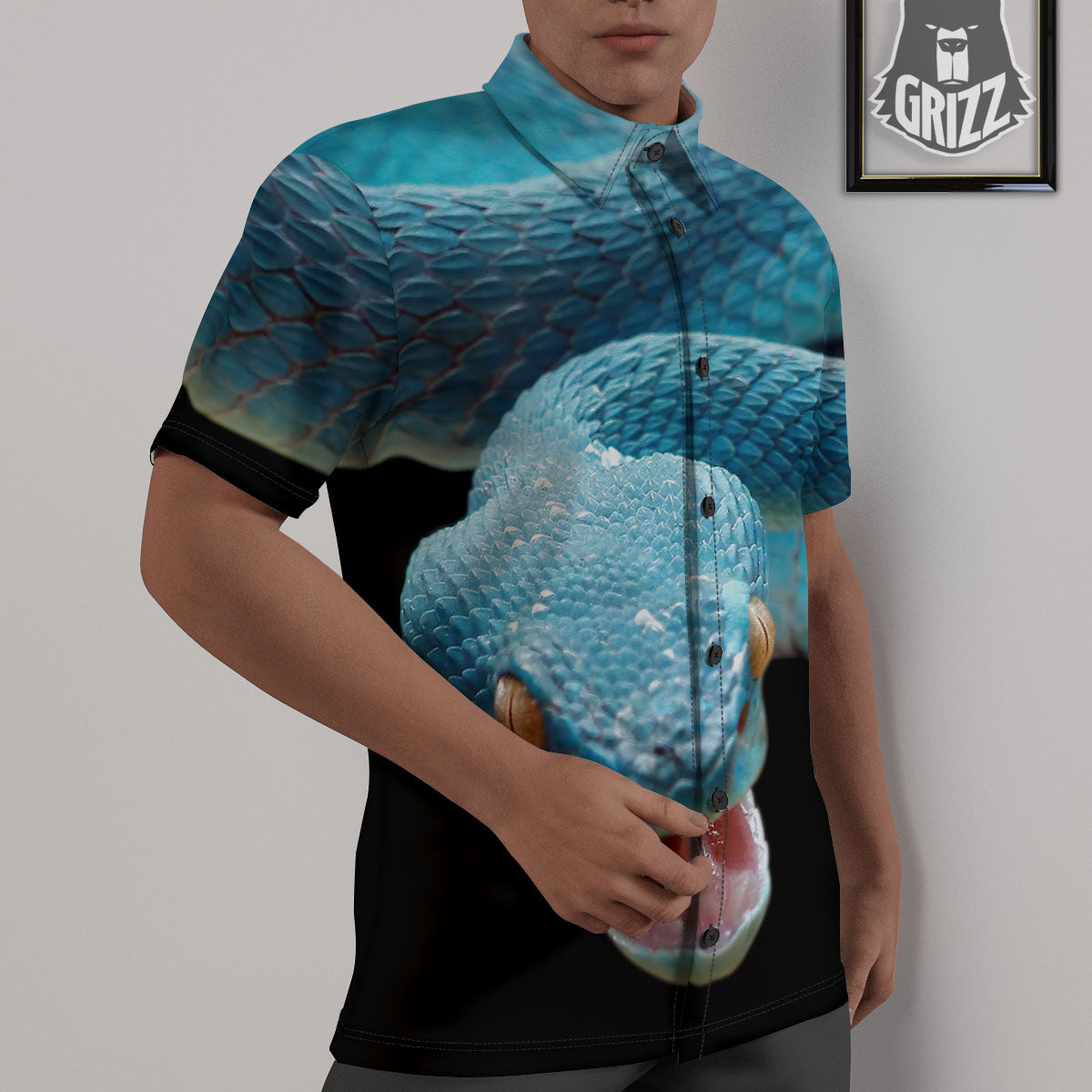Blue Scary Viper Snake Print Untucked Shirts-grizzshop