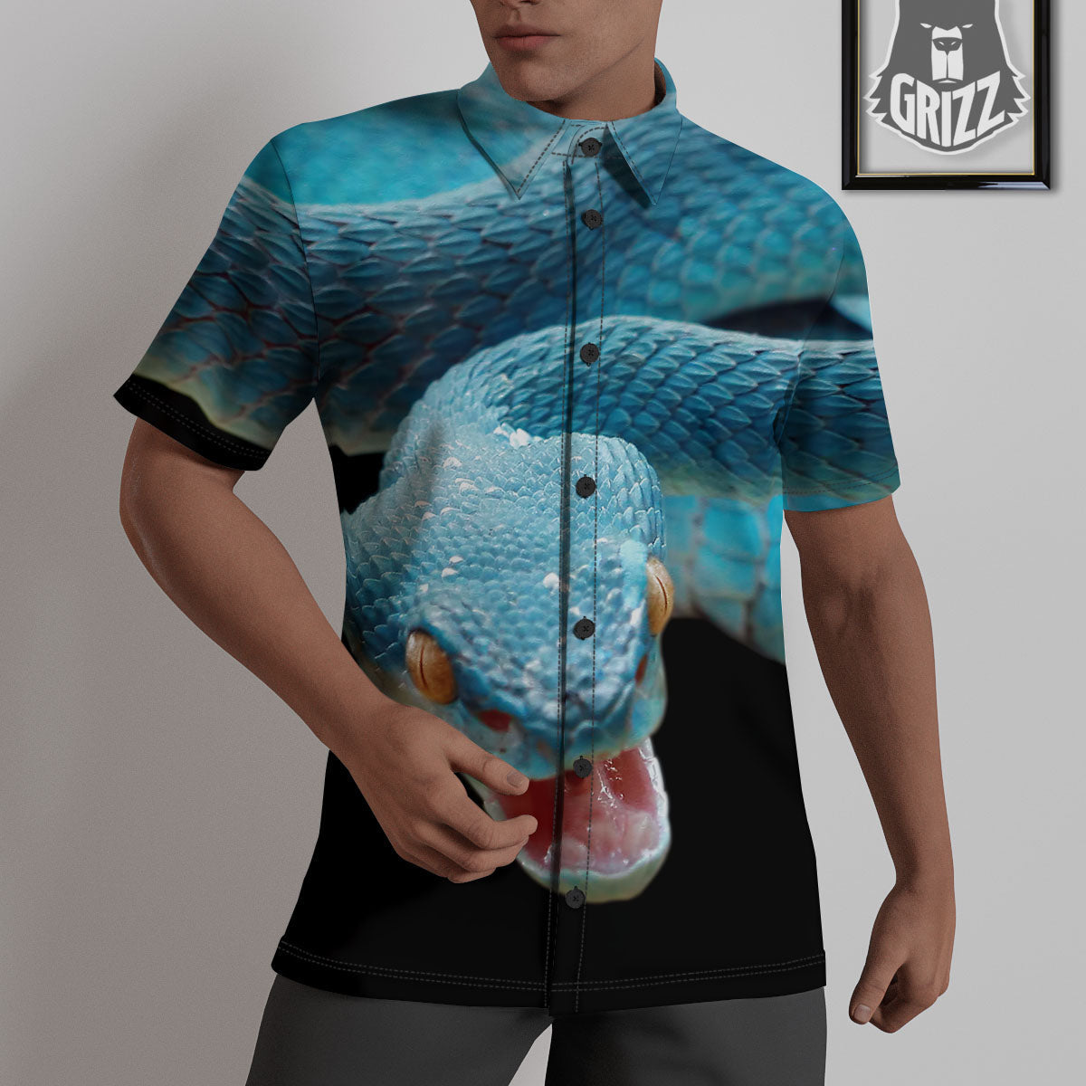 Blue Scary Viper Snake Print Untucked Shirts-grizzshop