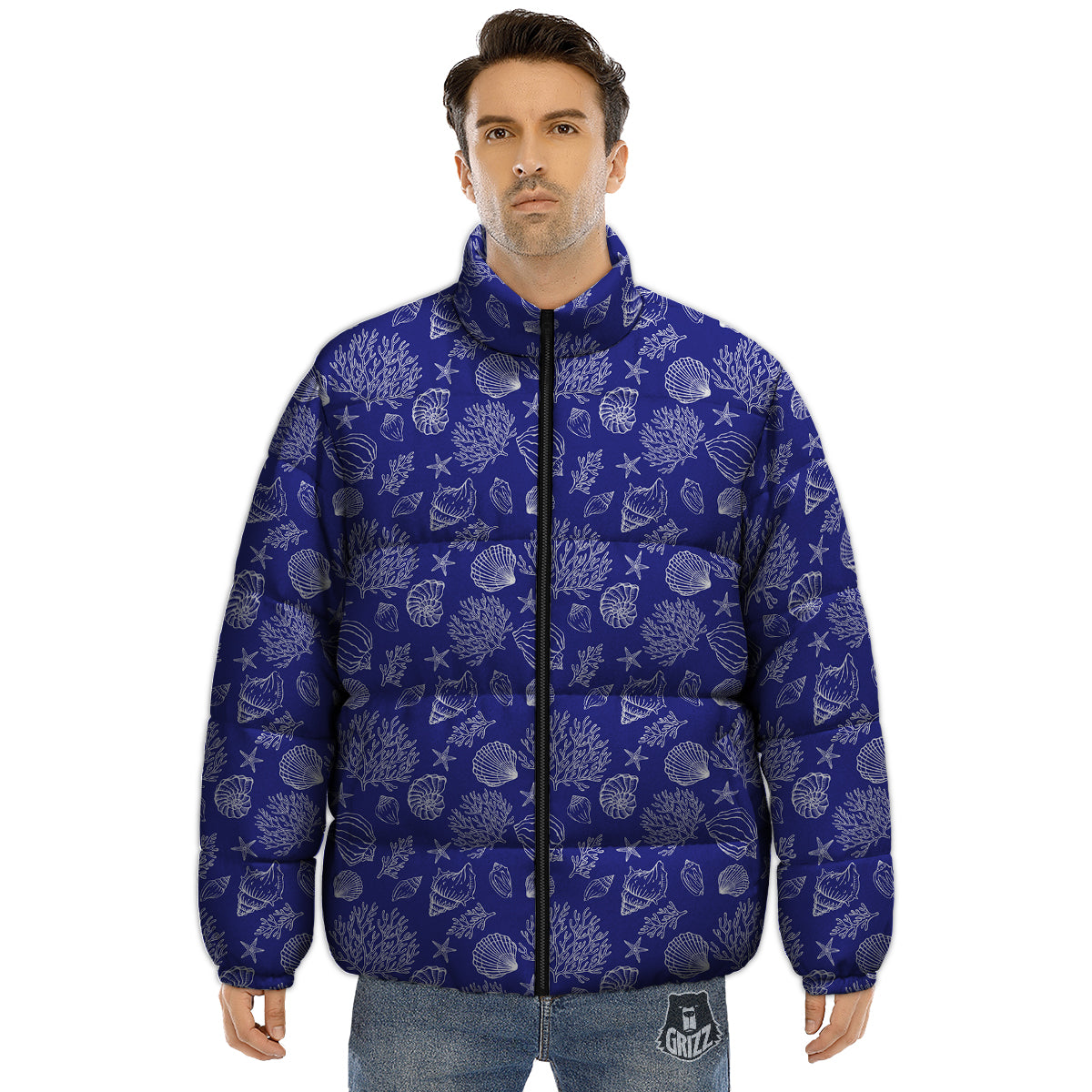 Blue Sea Corals Print Pattern Puffer Jacket-grizzshop