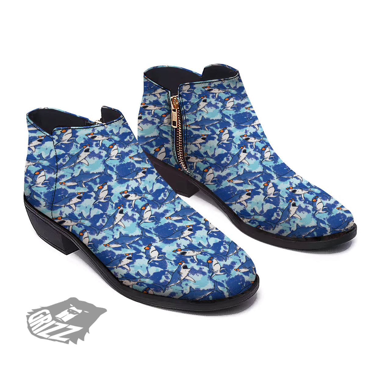 Blue Shark Print Pattern Ankle Boots-grizzshop