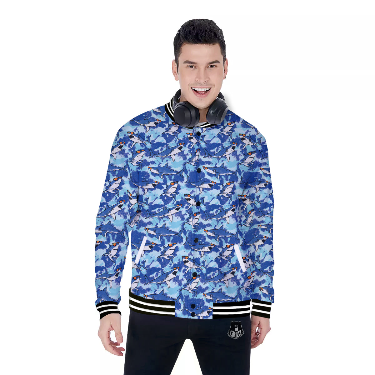 Blue Shark Print Pattern Baseball Jacket-grizzshop