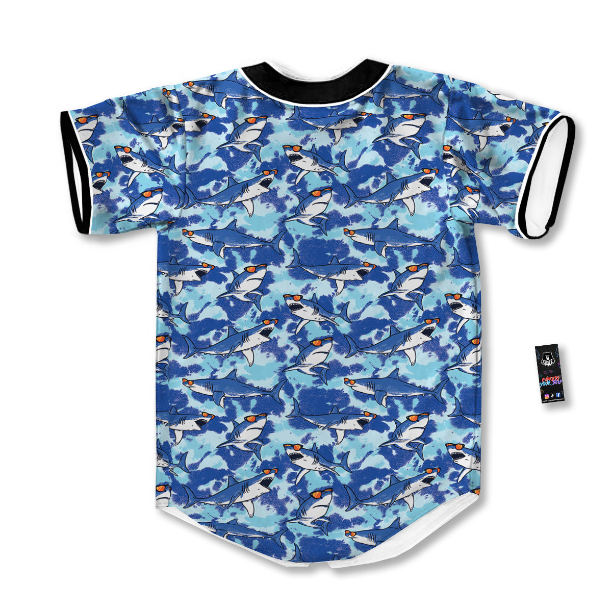 Blue Shark Print Pattern Baseball Jersey-grizzshop