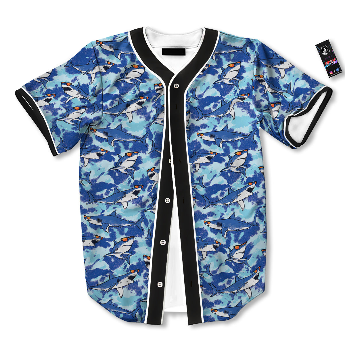 Blue Shark Print Pattern Baseball Jersey-grizzshop