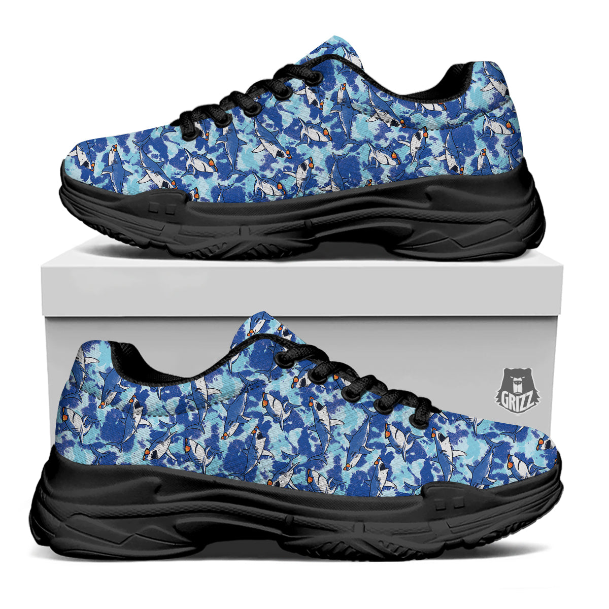 Blue Shark Print Pattern Black Chunky Shoes-grizzshop