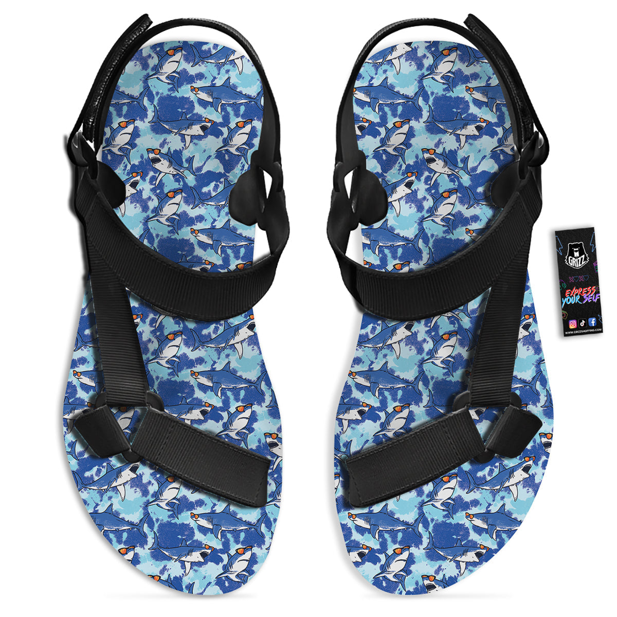 Blue Shark Print Pattern Black Open Toe Sandals-grizzshop