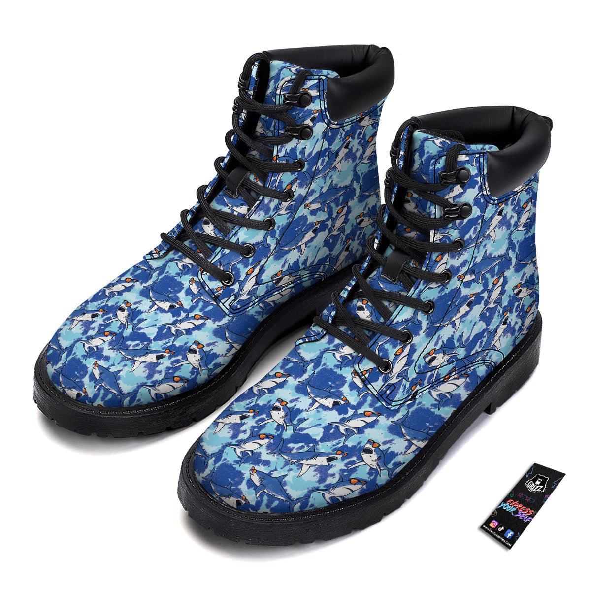 Blue Shark Print Pattern Boots-grizzshop