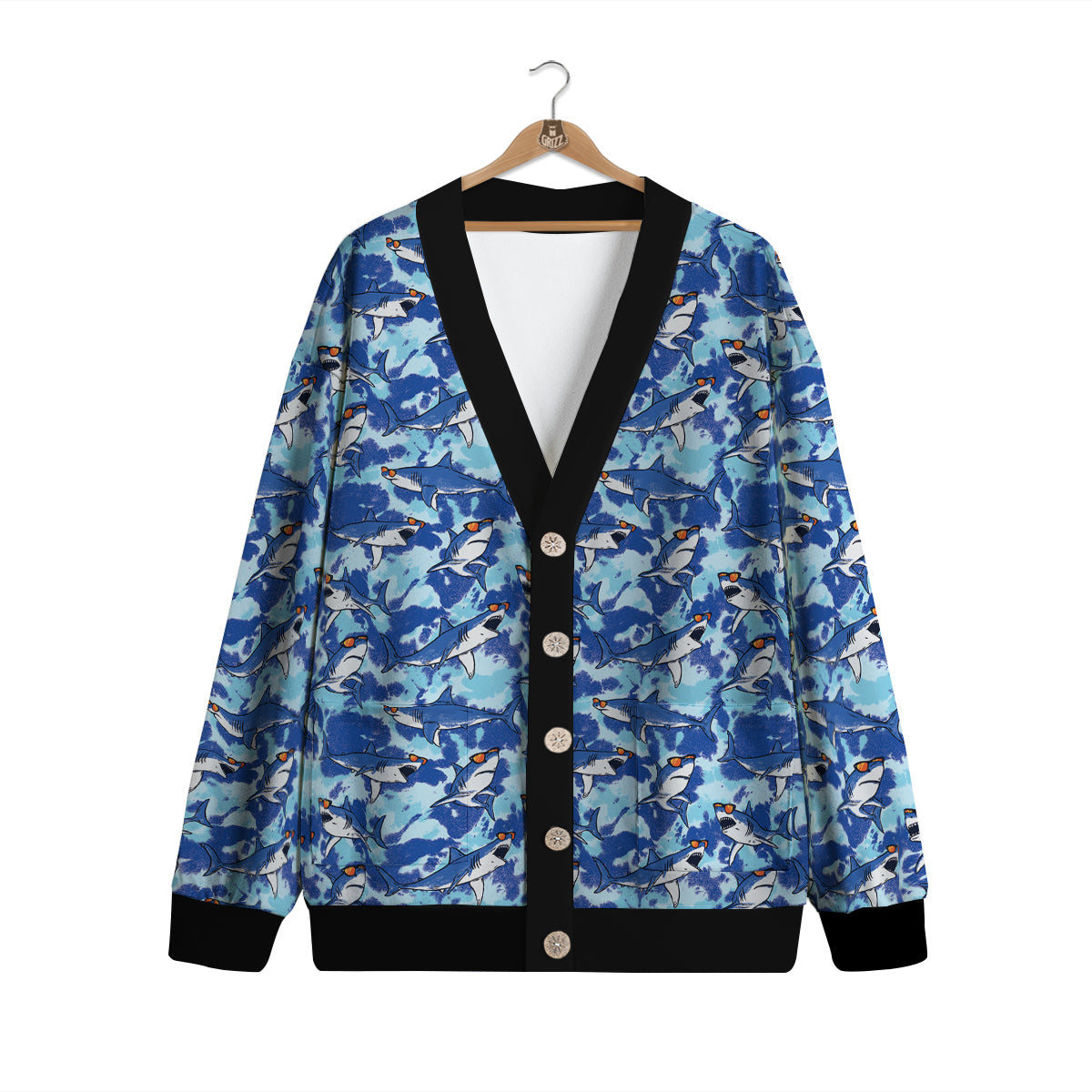 Blue Shark Print Pattern Cardigan-grizzshop