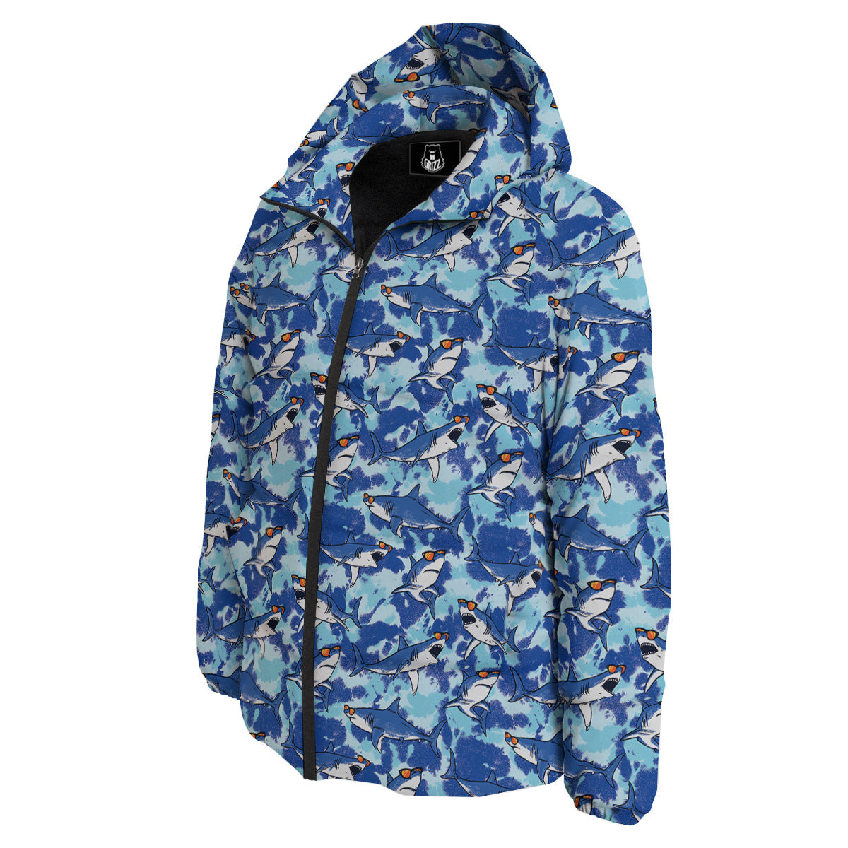 Blue Shark Print Pattern Down Jacket-grizzshop