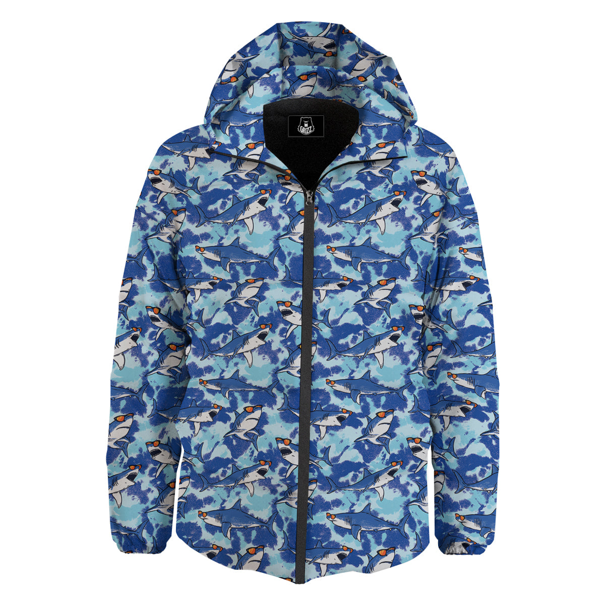 Blue Shark Print Pattern Down Jacket-grizzshop