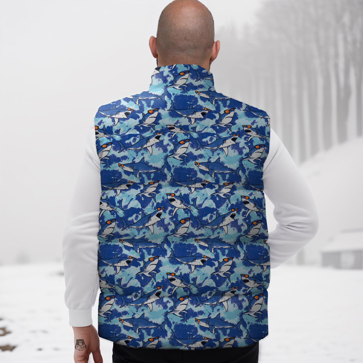 Blue Shark Print Pattern Down Vest