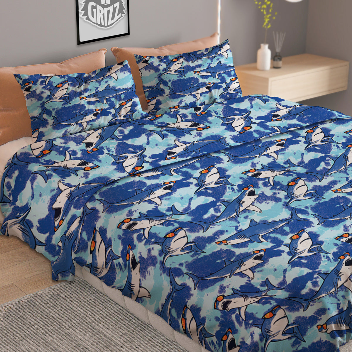 Blue Shark Print Pattern Duvet Cover Bedding Set
