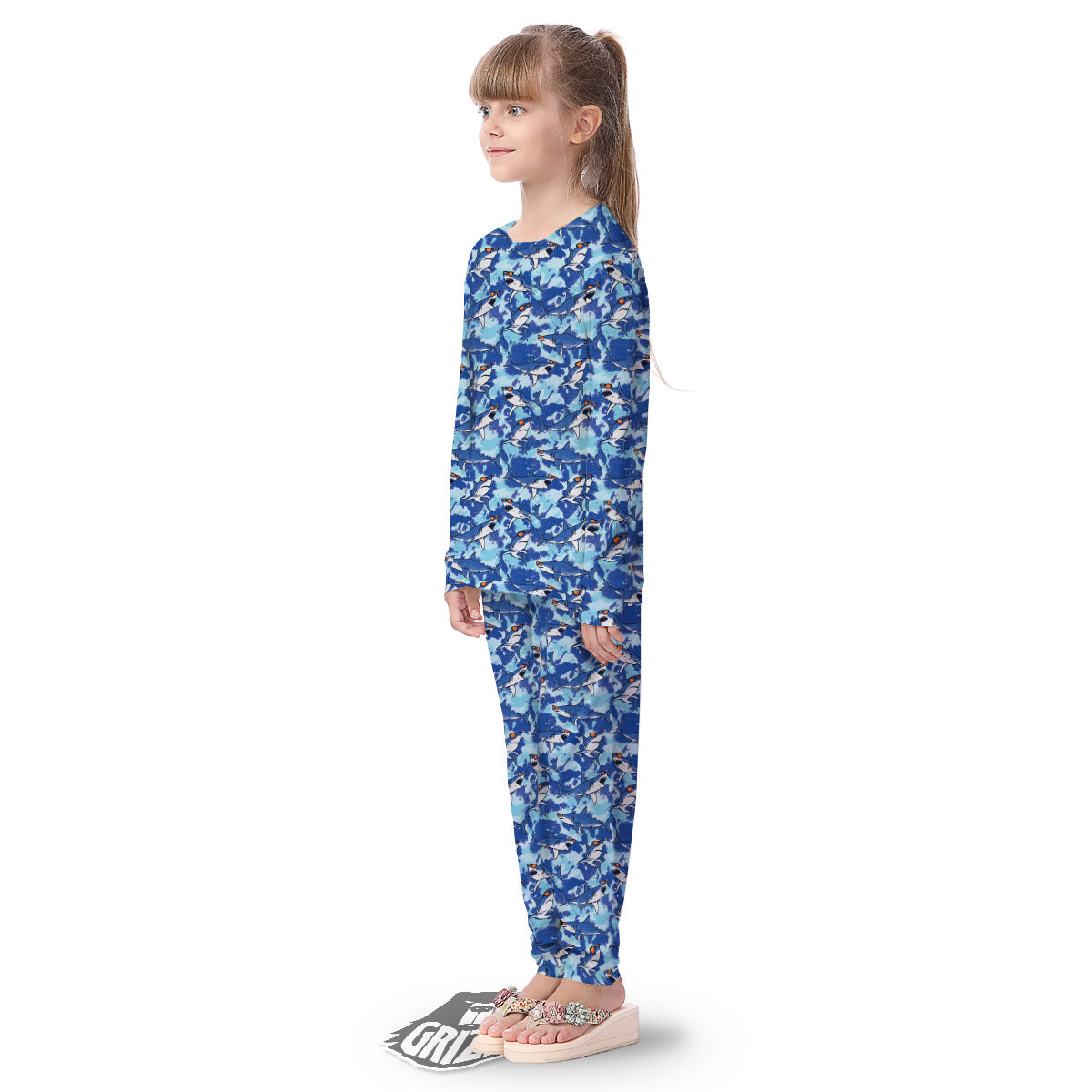 Blue Shark Print Pattern Kid's Pajamas-grizzshop