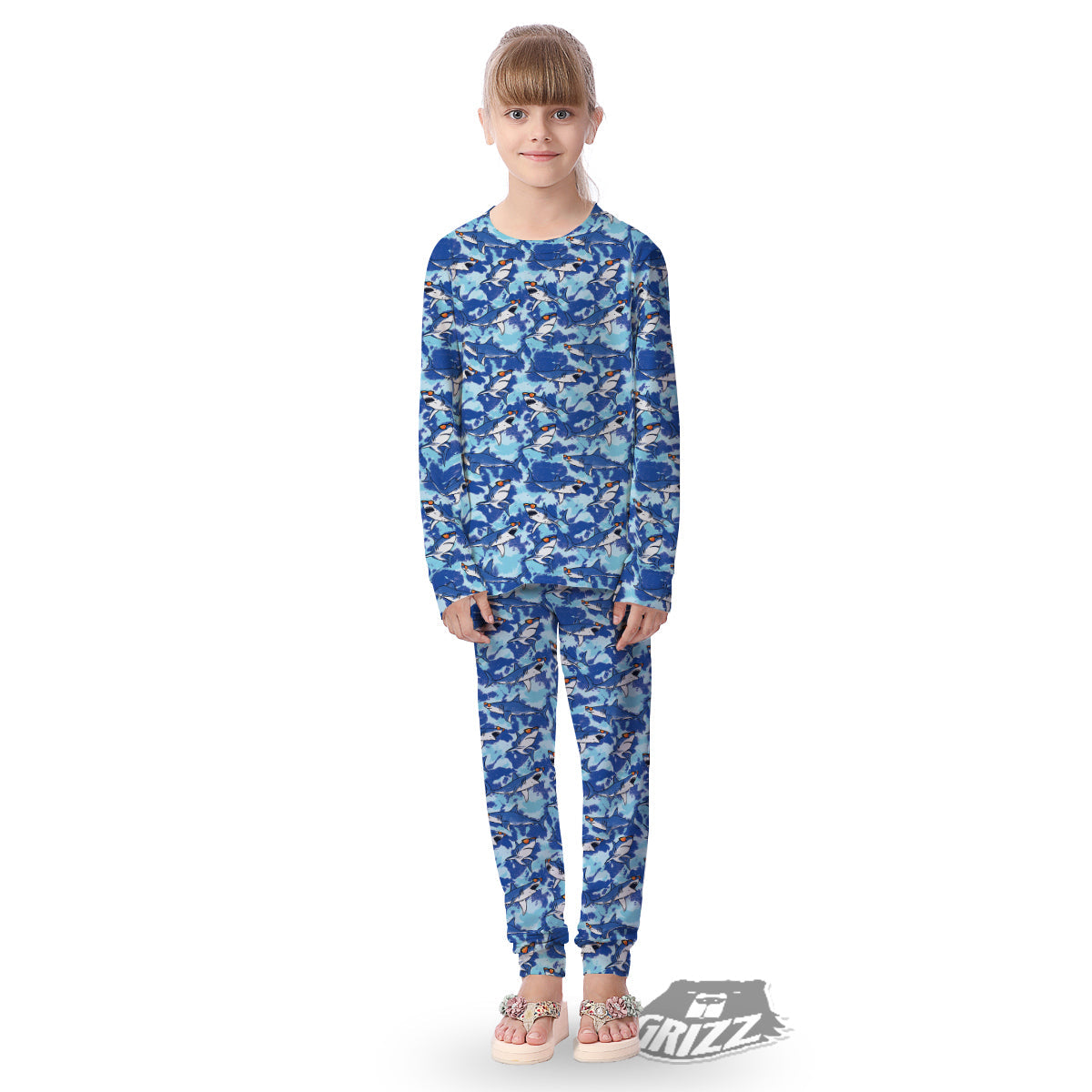 Blue Shark Print Pattern Kid's Pajamas-grizzshop