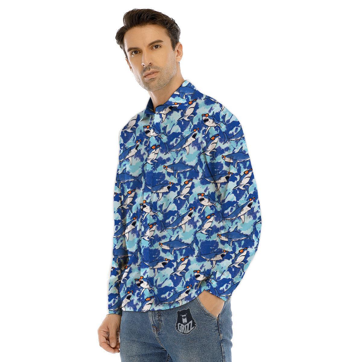 Blue Shark Print Pattern Men's Dress Shirts-grizzshop