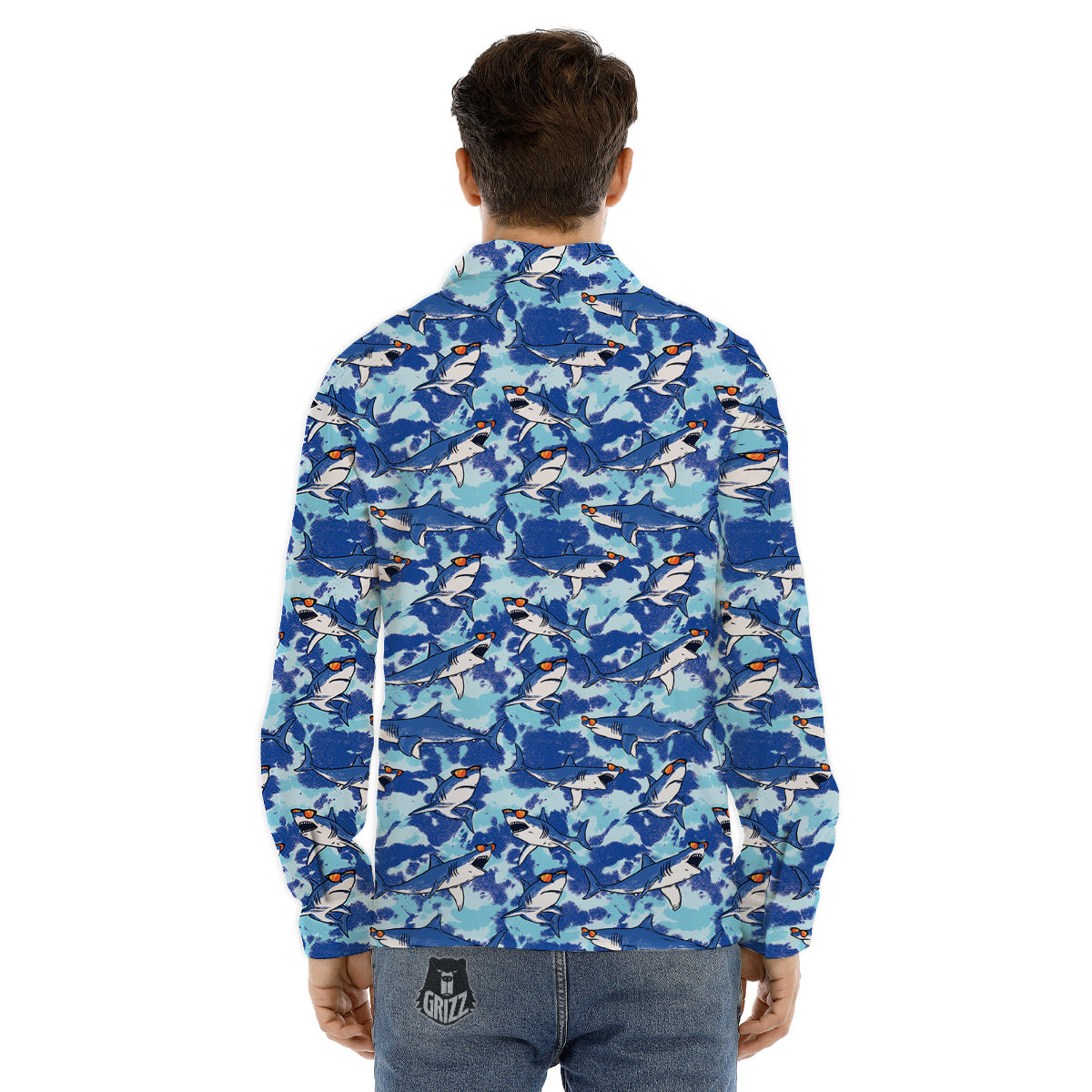 Blue Shark Print Pattern Men's Dress Shirts-grizzshop