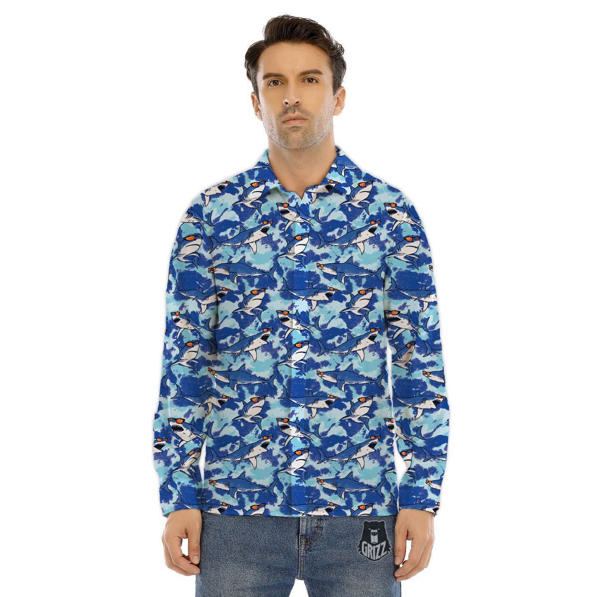 Blue Shark Print Pattern Men's Dress Shirts-grizzshop