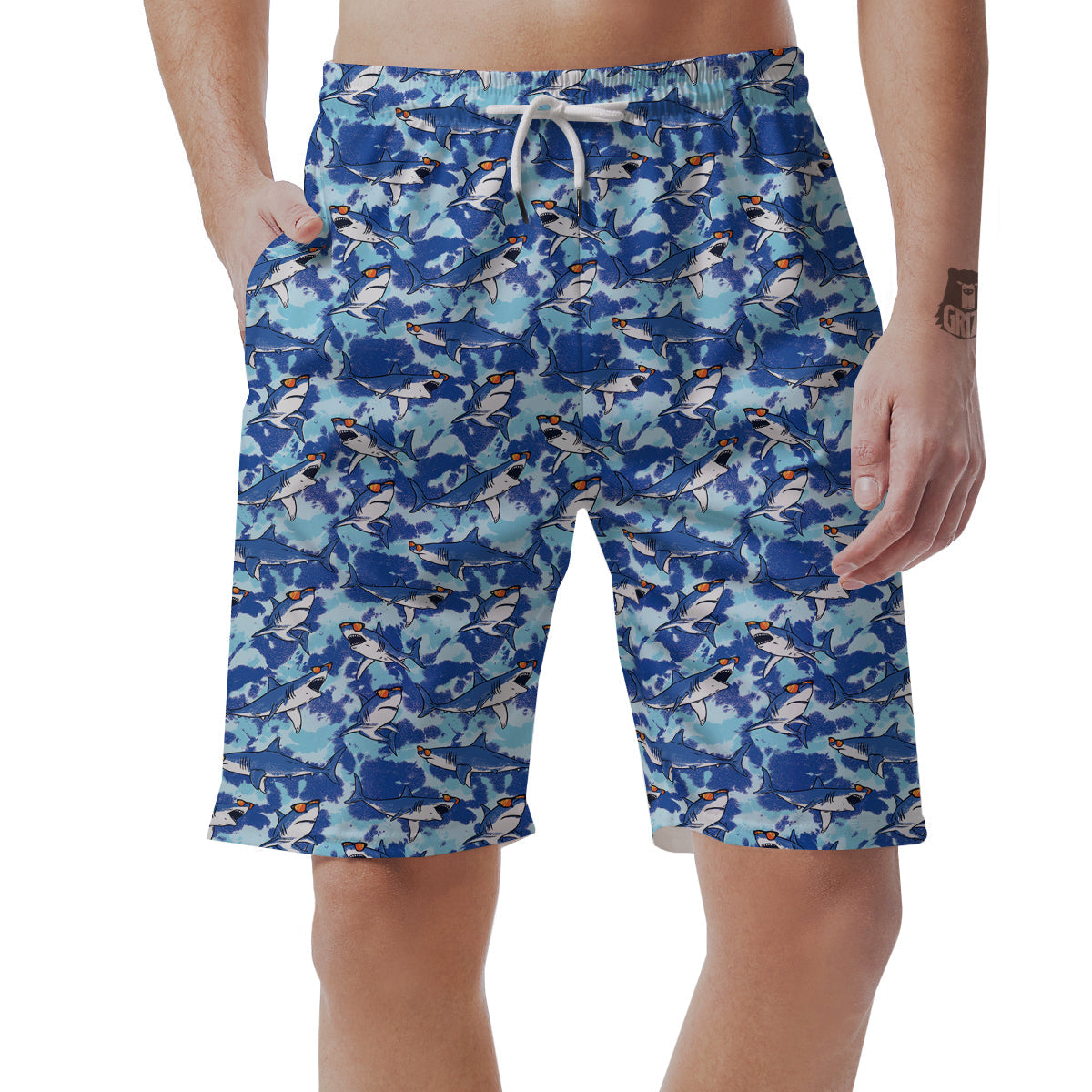 Blue Shark Print Pattern Men's Shorts-grizzshop