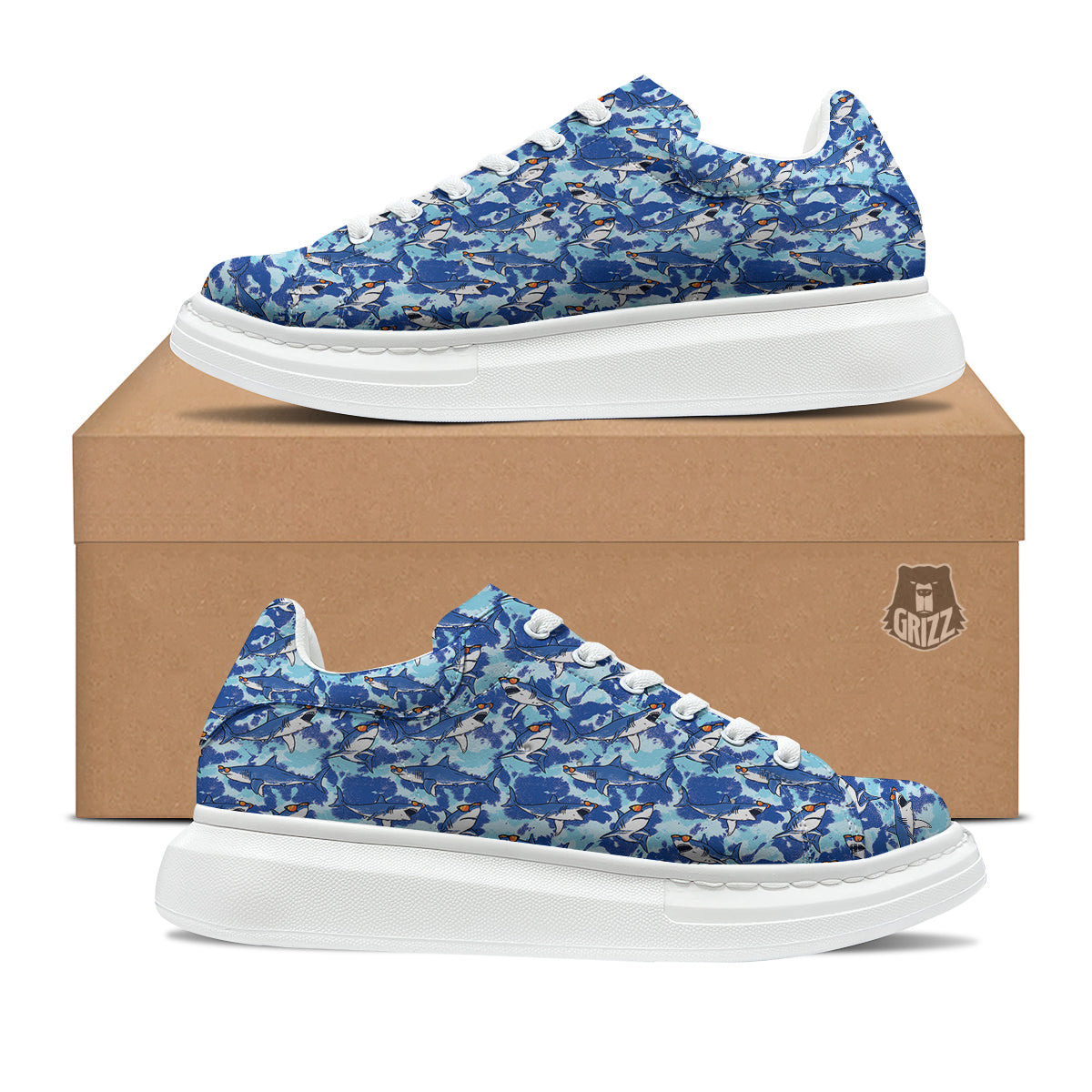 Blue Shark Print Pattern Platform Shoes-grizzshop