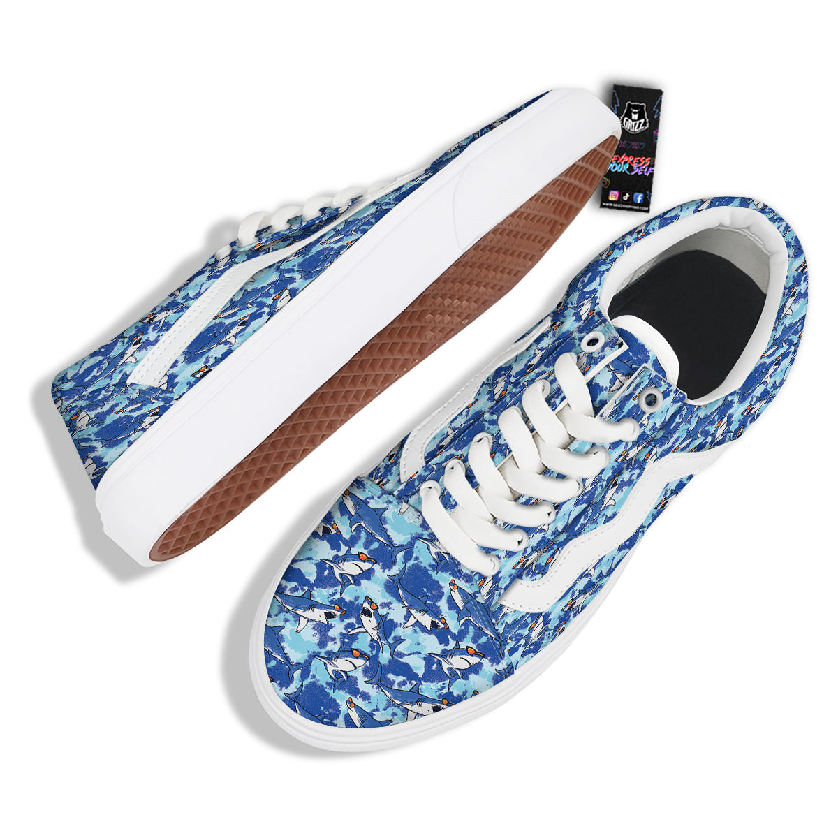 Blue Shark Print Pattern Skate Shoes-grizzshop