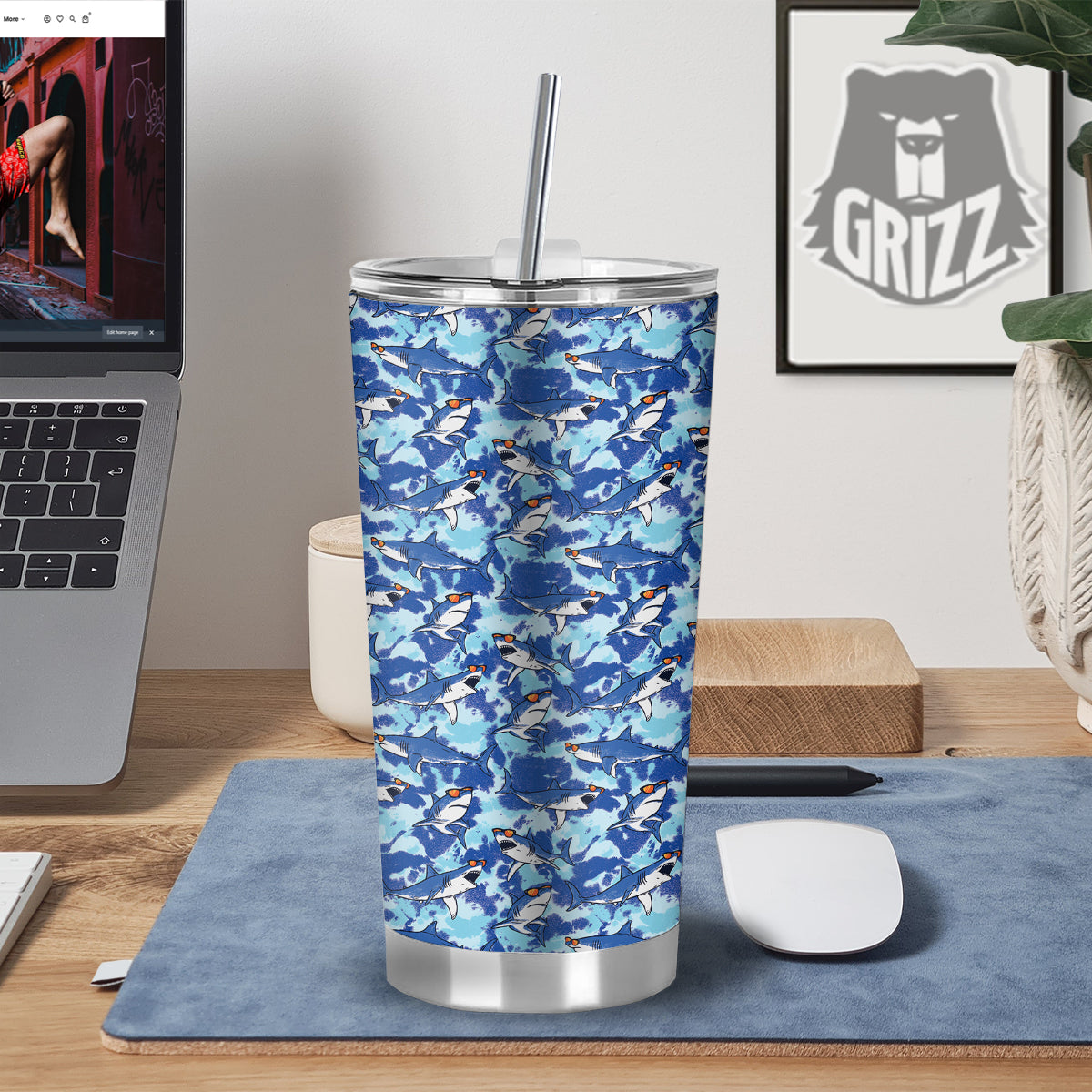 Blue Shark Print Pattern Tumbler-grizzshop
