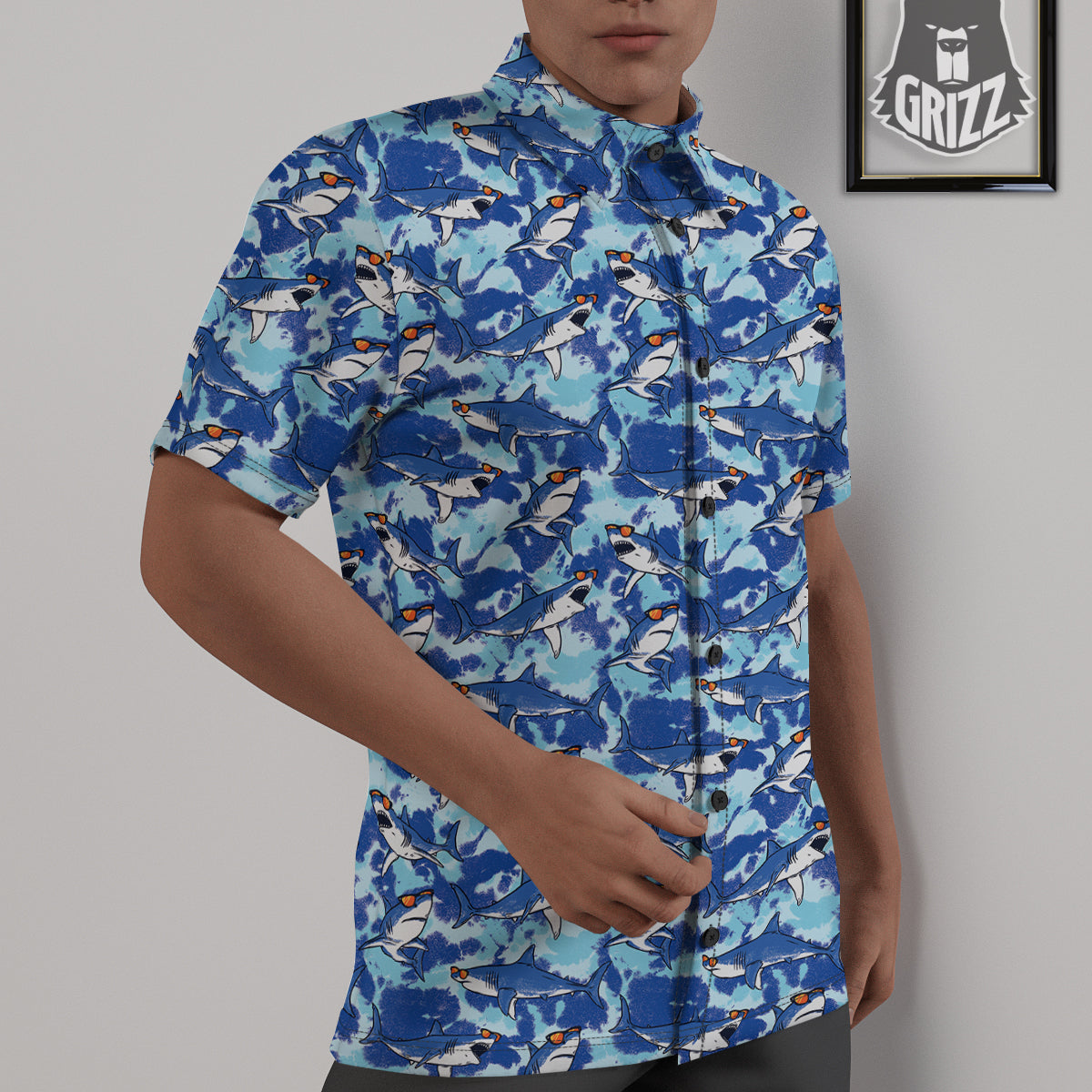 Blue Shark Print Pattern Untucked Shirts-grizzshop