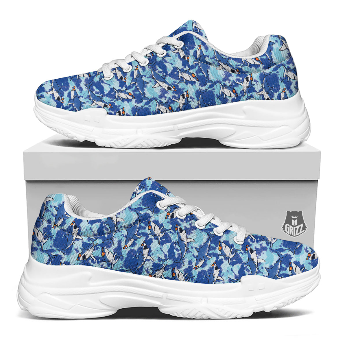 Blue Shark Print Pattern White Chunky Shoes-grizzshop