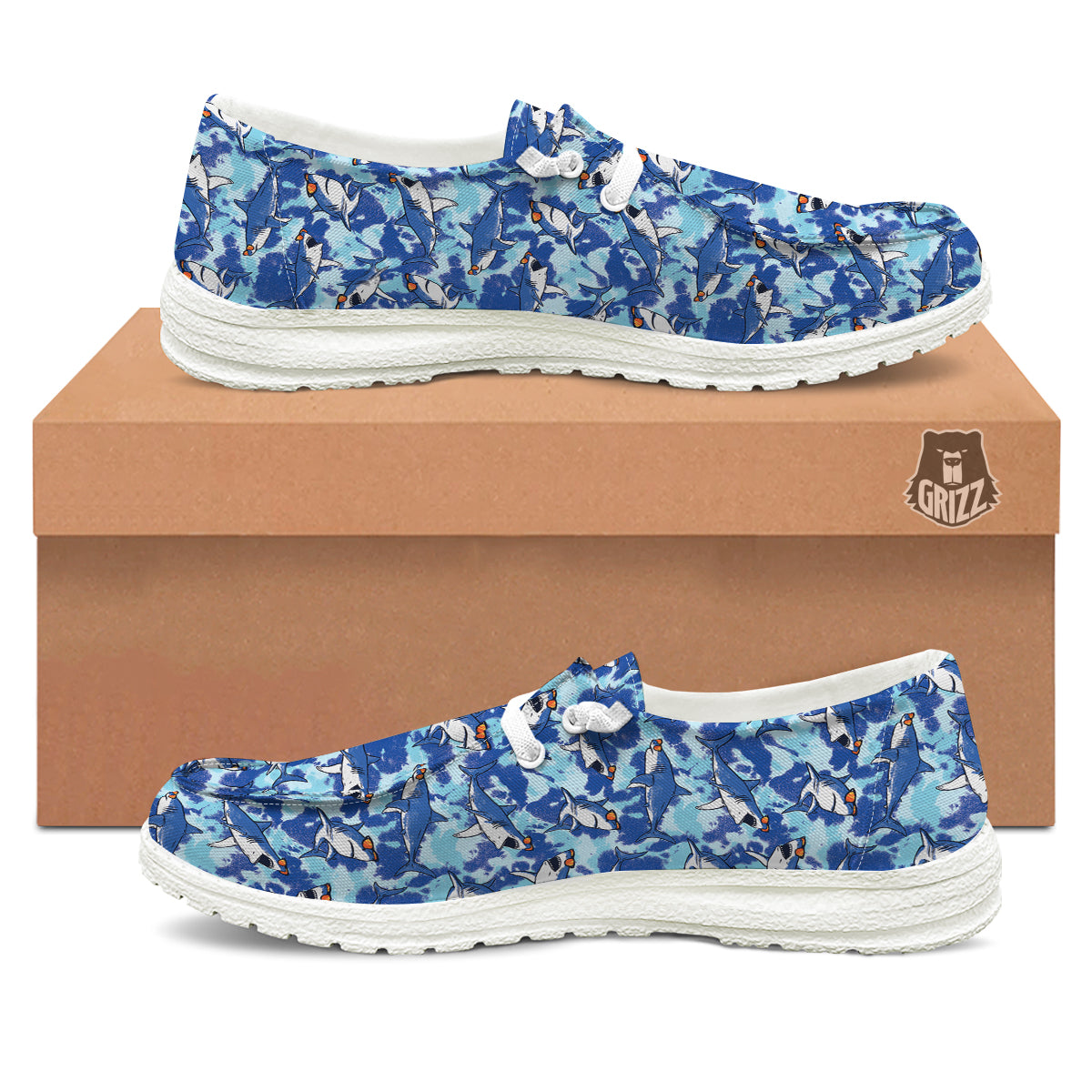Blue Shark Print Pattern White Loafers-grizzshop