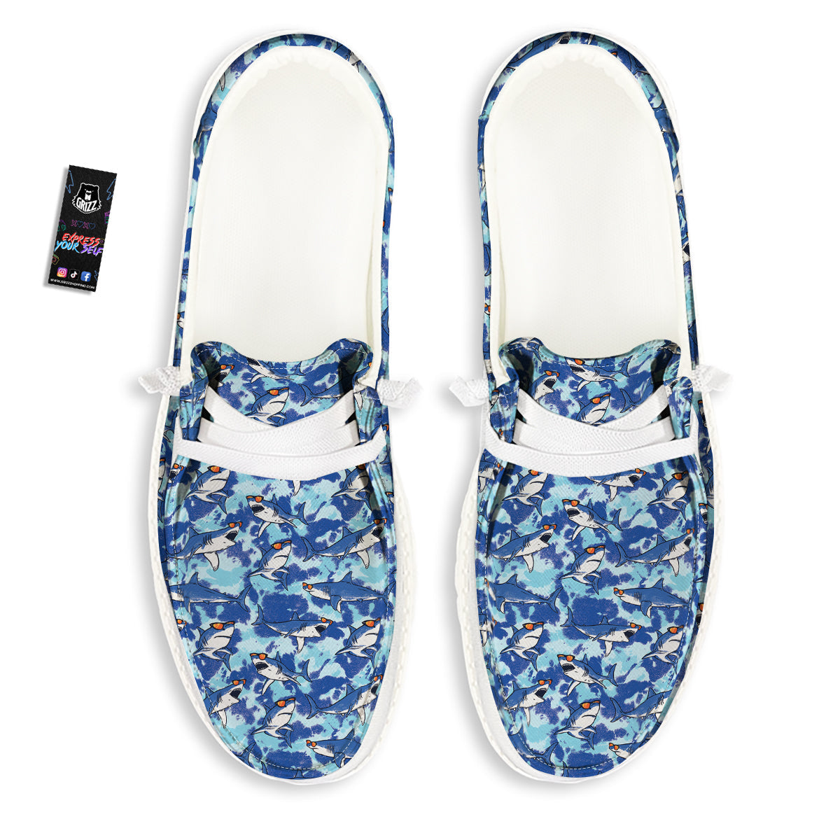Blue Shark Print Pattern White Loafers-grizzshop