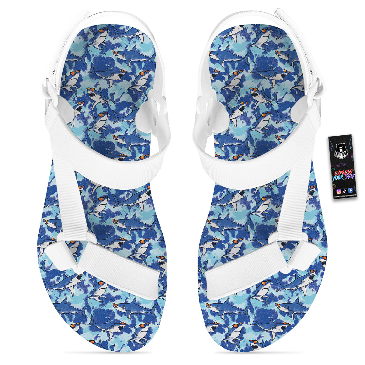 Blue Shark Print Pattern White Open Toe Sandals-grizzshop