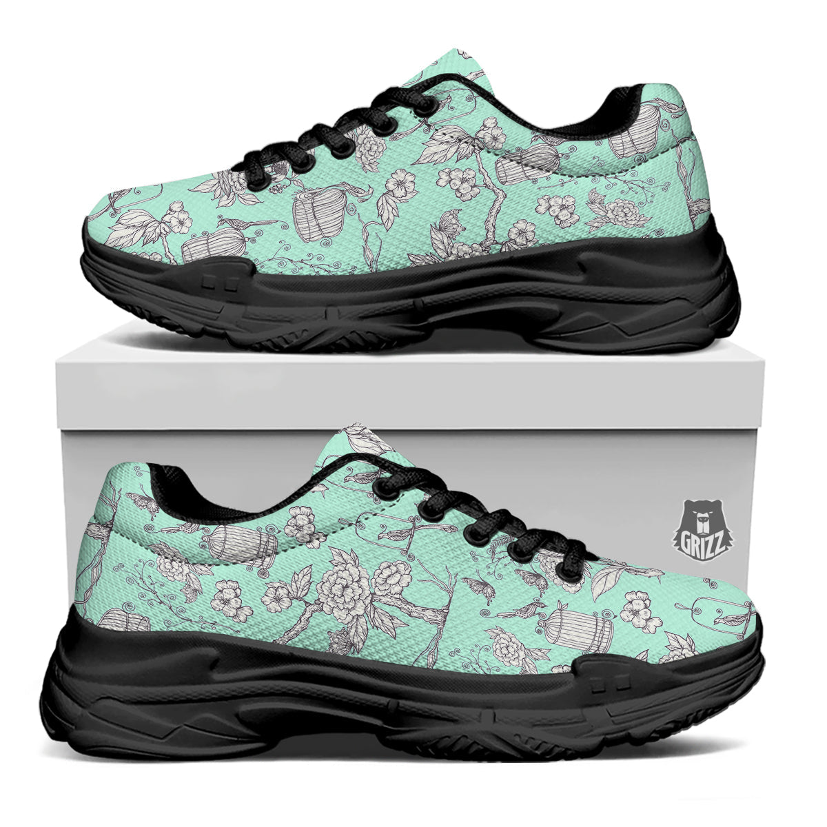 Blue Sky White Chinoiserie Print Pattern Black Chunky Shoes-grizzshop