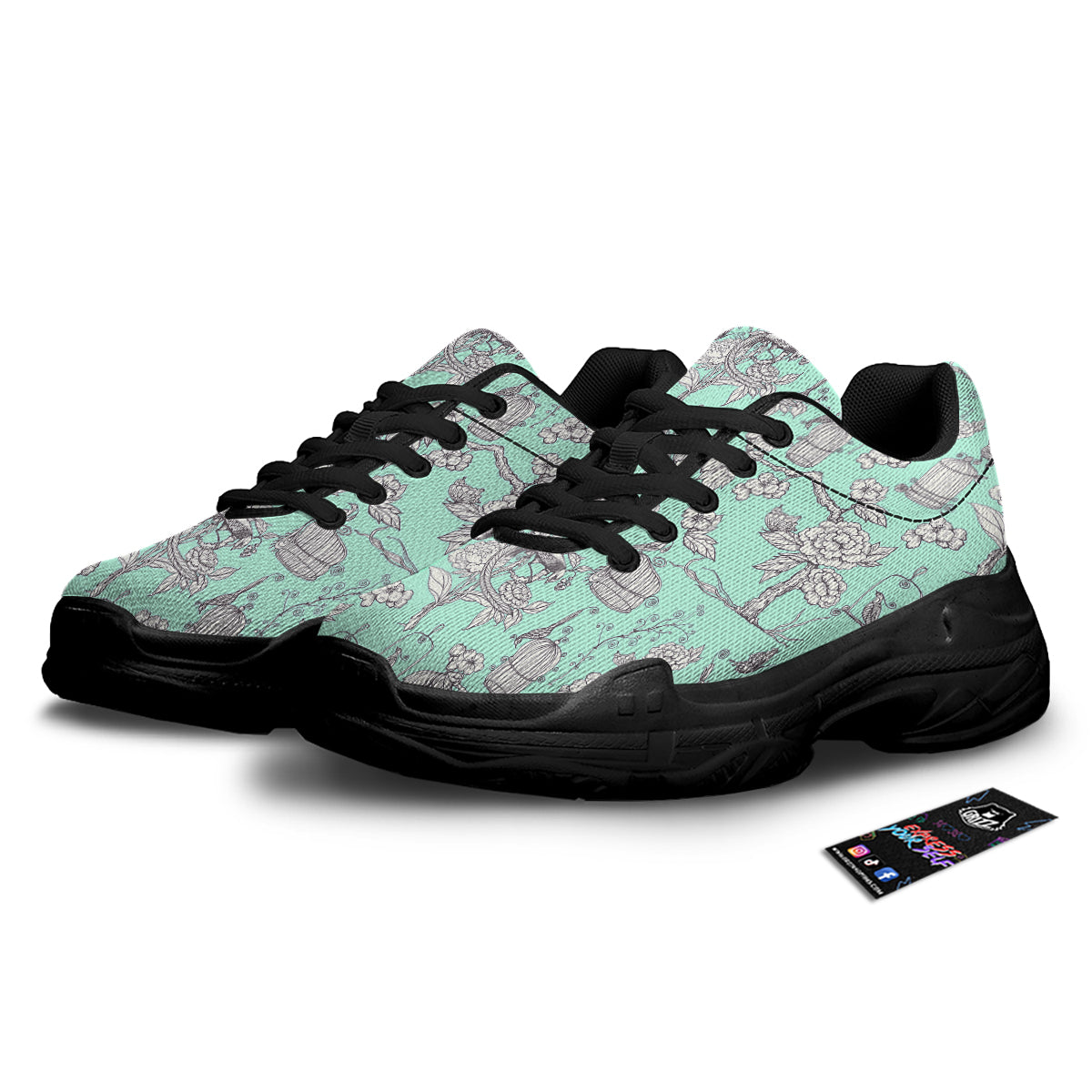Blue Sky White Chinoiserie Print Pattern Black Chunky Shoes-grizzshop