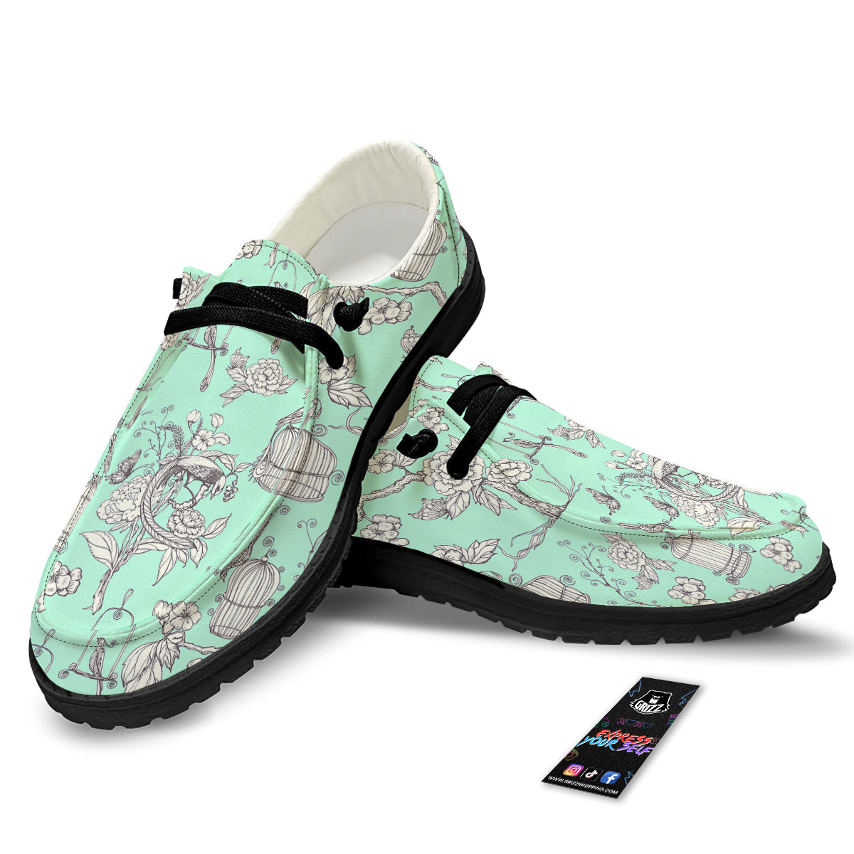 Blue Sky White Chinoiserie Print Pattern Black Loafers-grizzshop