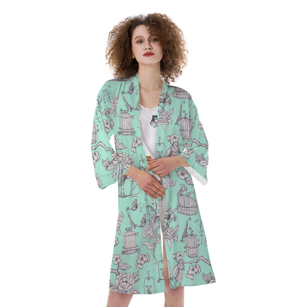 Blue Sky White Chinoiserie Print Pattern Kimono-grizzshop