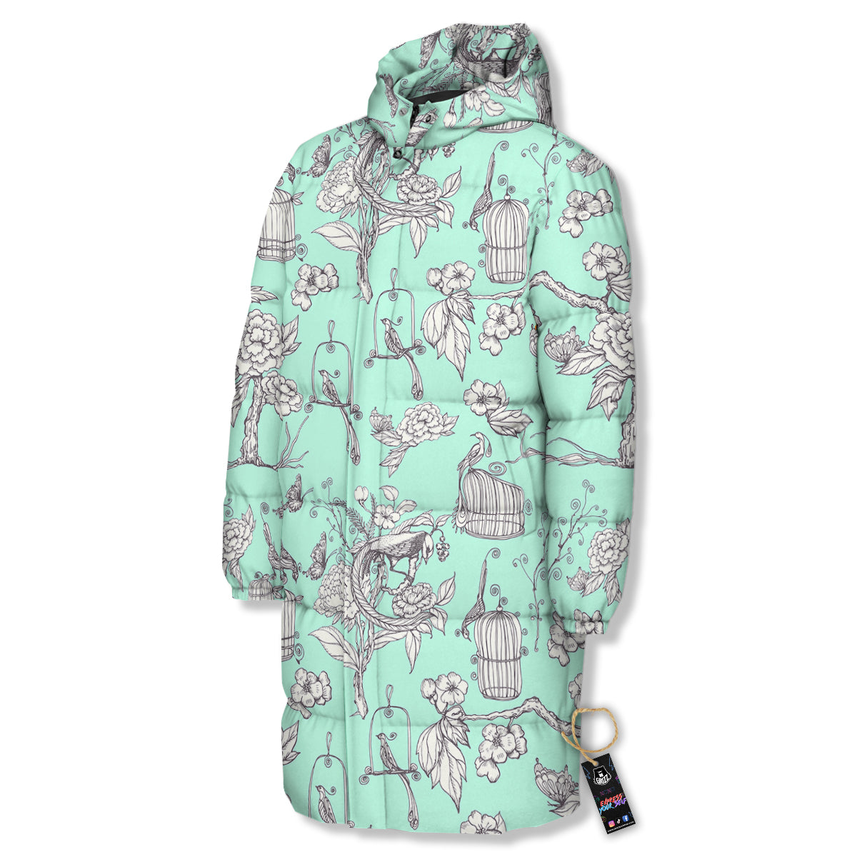 Blue Sky White Chinoiserie Print Pattern Long Down Jacket-grizzshop