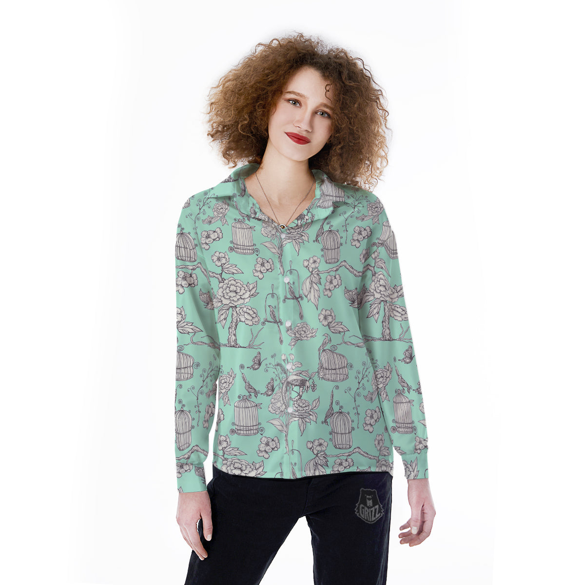 Blue Sky White Chinoiserie Print Pattern Women's Long Sleeve Shirts-grizzshop