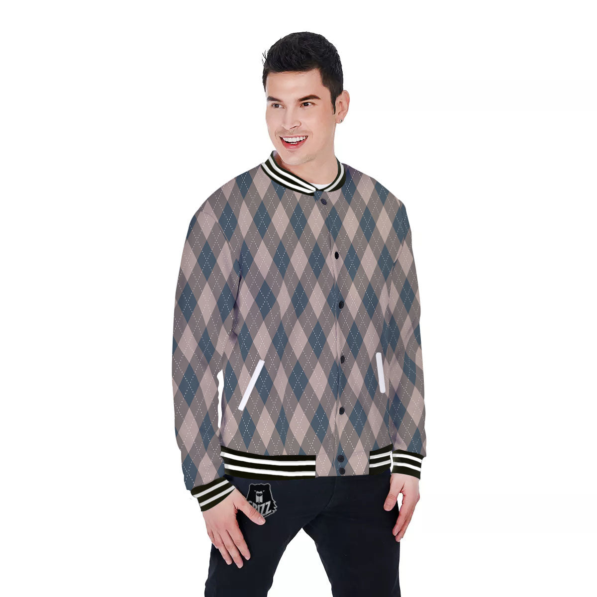 Blue Spruce And Beige Argyle Print Pattern Baseball Jacket-grizzshop