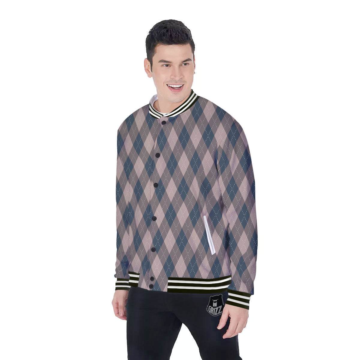 Blue Spruce And Beige Argyle Print Pattern Baseball Jacket-grizzshop