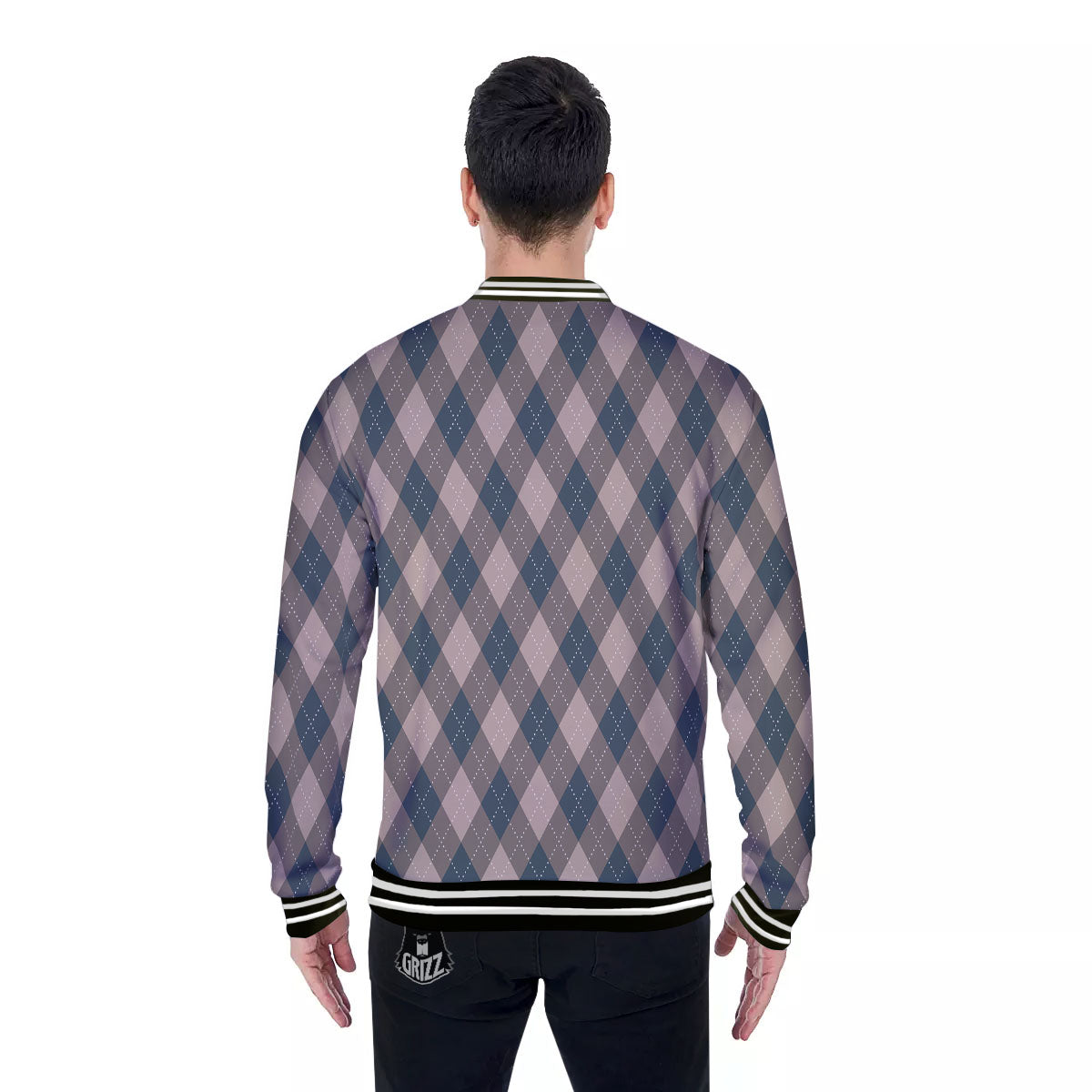 Blue Spruce And Beige Argyle Print Pattern Baseball Jacket-grizzshop