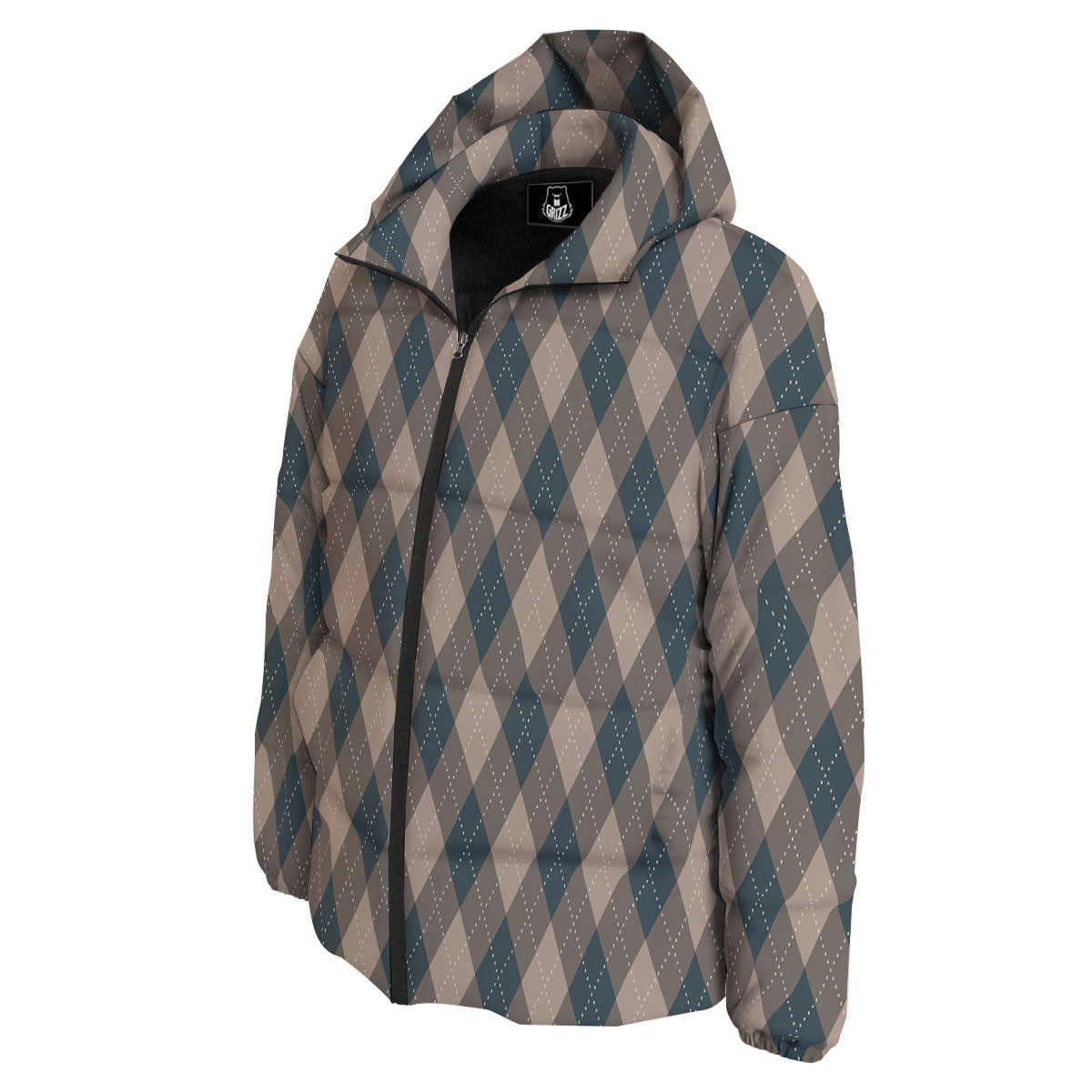 Blue Spruce And Beige Argyle Print Pattern Down Jacket-grizzshop