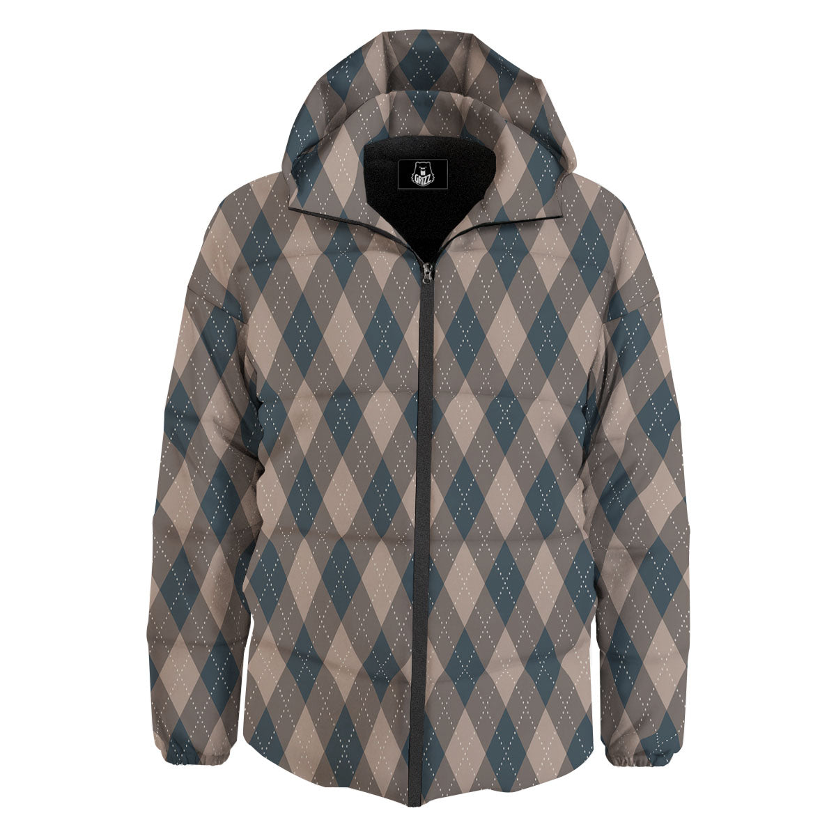 Blue Spruce And Beige Argyle Print Pattern Down Jacket-grizzshop