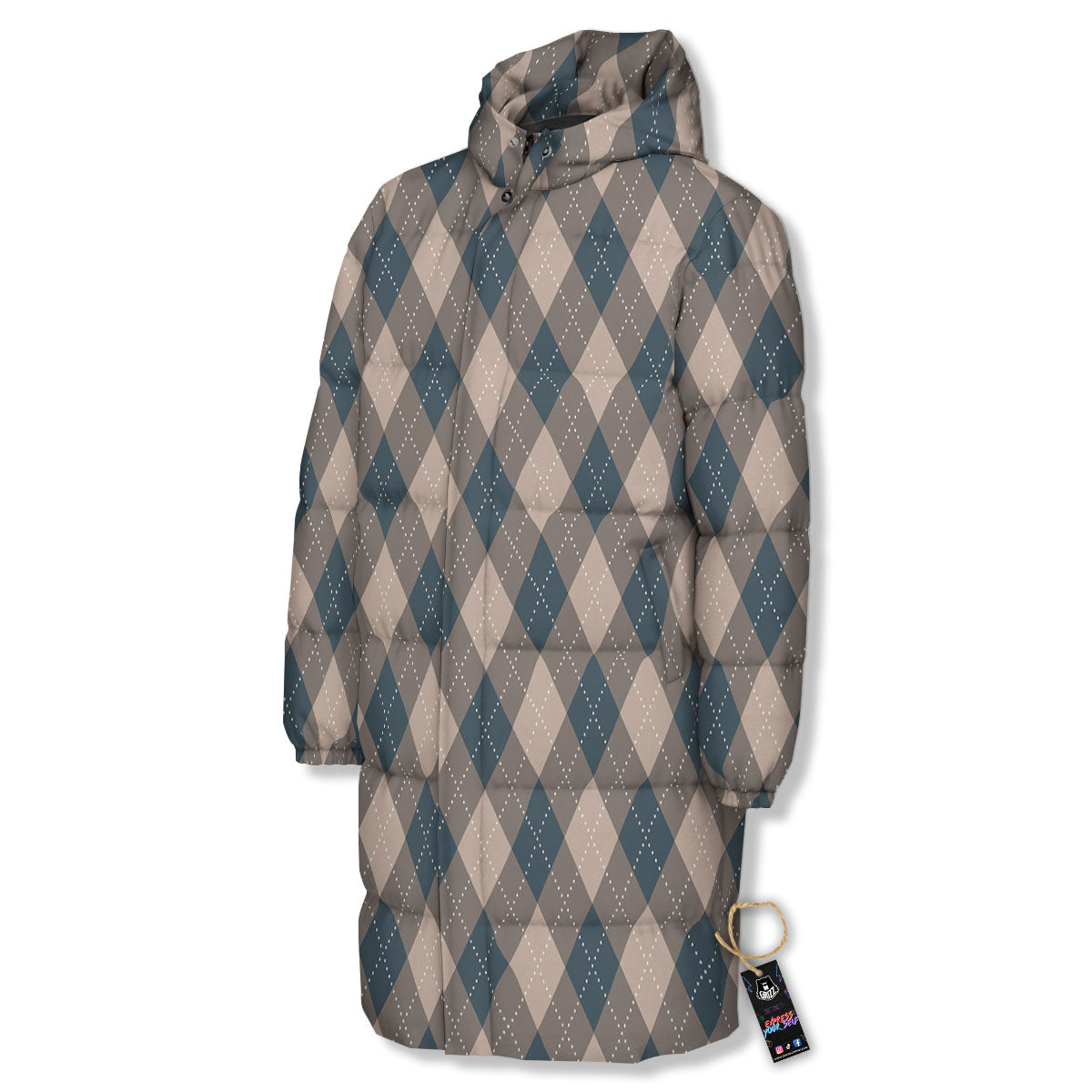 Blue Spruce And Beige Argyle Print Pattern Long Down Jacket-grizzshop