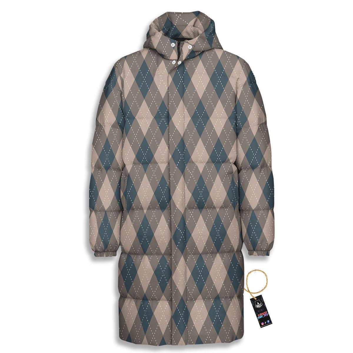 Blue Spruce And Beige Argyle Print Pattern Long Down Jacket-grizzshop